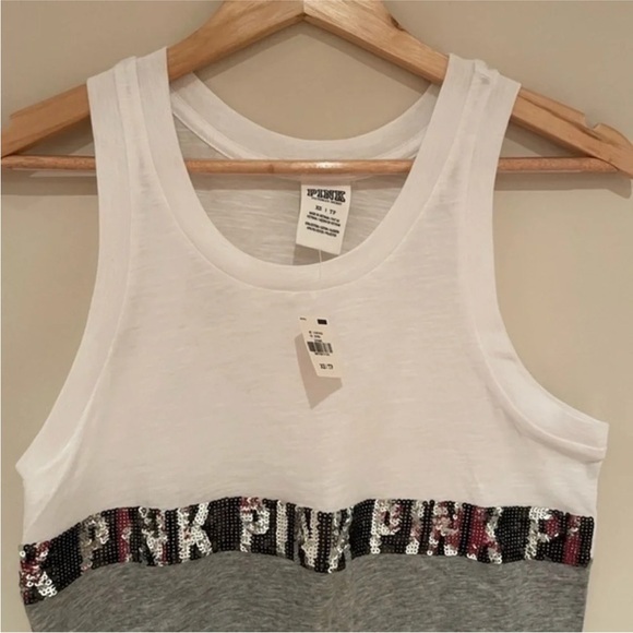 PINK Victoria's Secret White & Gray Sequins Logo Tank Top - Picture 3 of 8